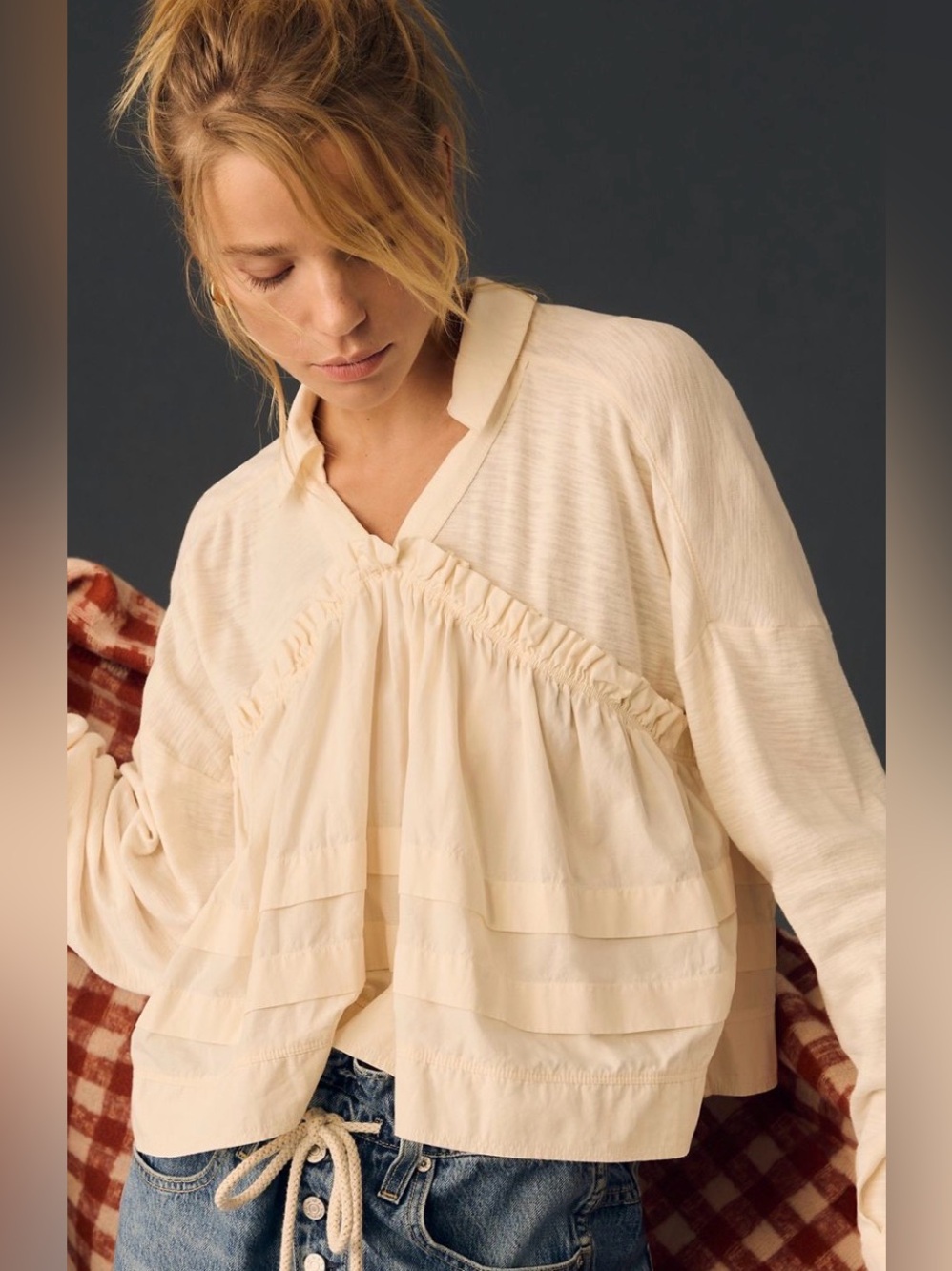 NWOT Anthropologie Pilcro Cottagecore Y2K Neutral Ruffled Babydoll Blouse Top